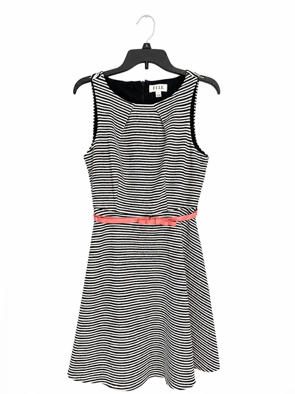 ELLE Black & White Striped Fit & Flare Dress with Pink Bow Belt Women Size Small